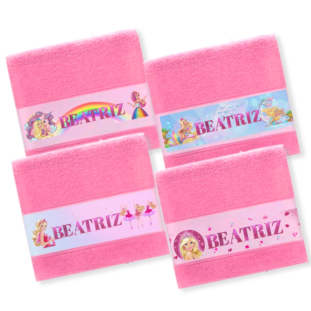 Kit 4 Toalhinha Escolar Infantil Menina Boca Personalizada Nome Barbie Lancheira Higiene