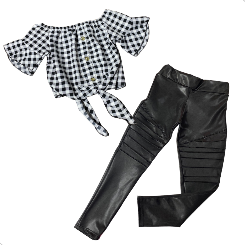 Conjunto Infantil Cropped De Amarrar Xadrez + Calça Tratorada Festa Junina Moda Menina