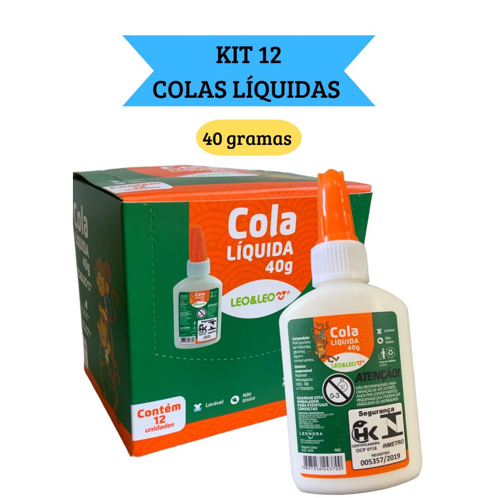 kit 12 Cola Líquida Branca Escolar 40g com espátula LeoELeo