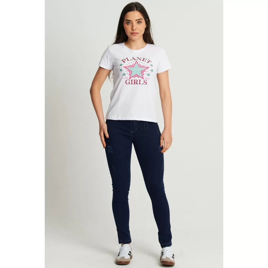 Calça Jeans Feminina Skinny Puídos Planet Girls Jeans Escuro