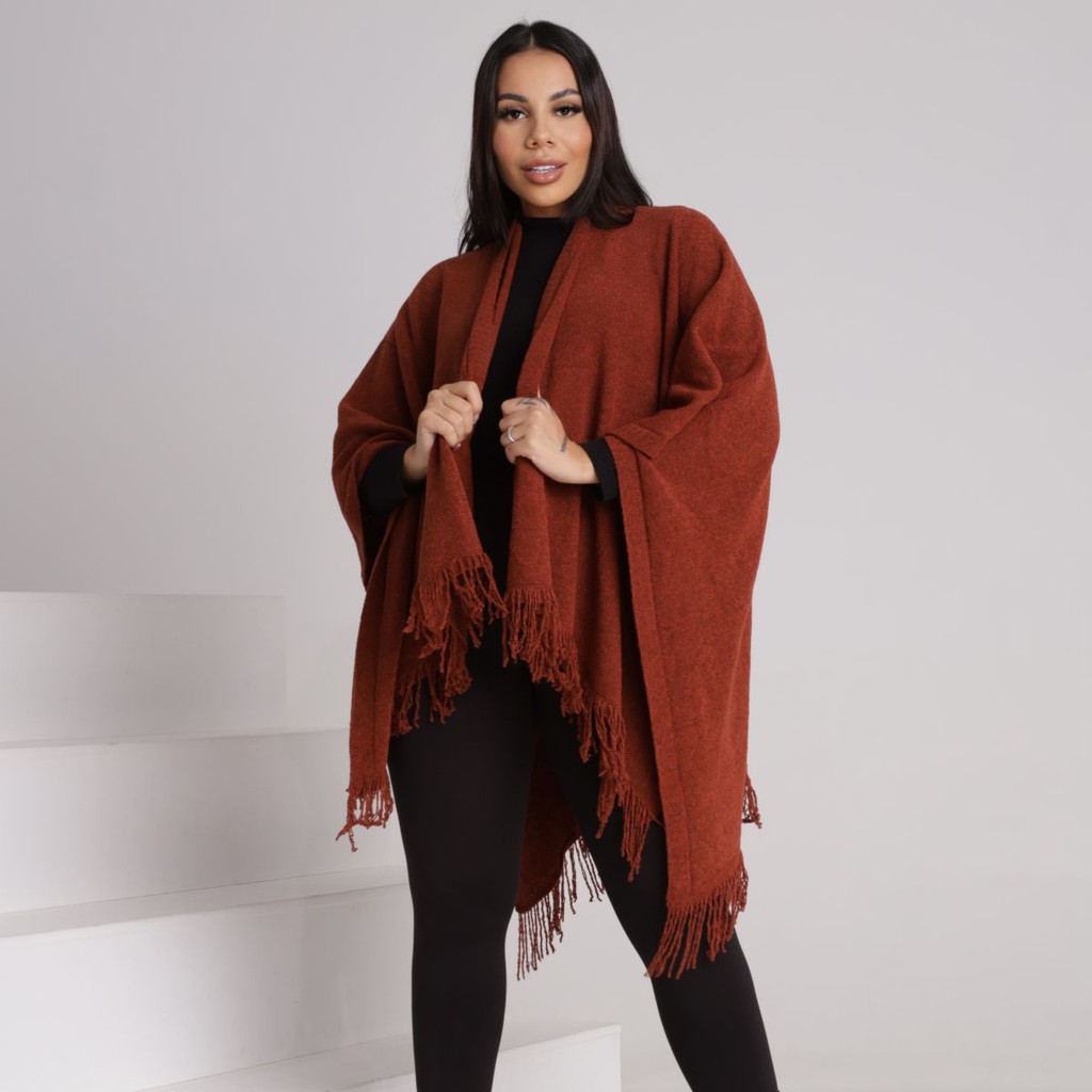 Kimono Tricot Capa Poncho Blusa Outono Inverno Feminino
