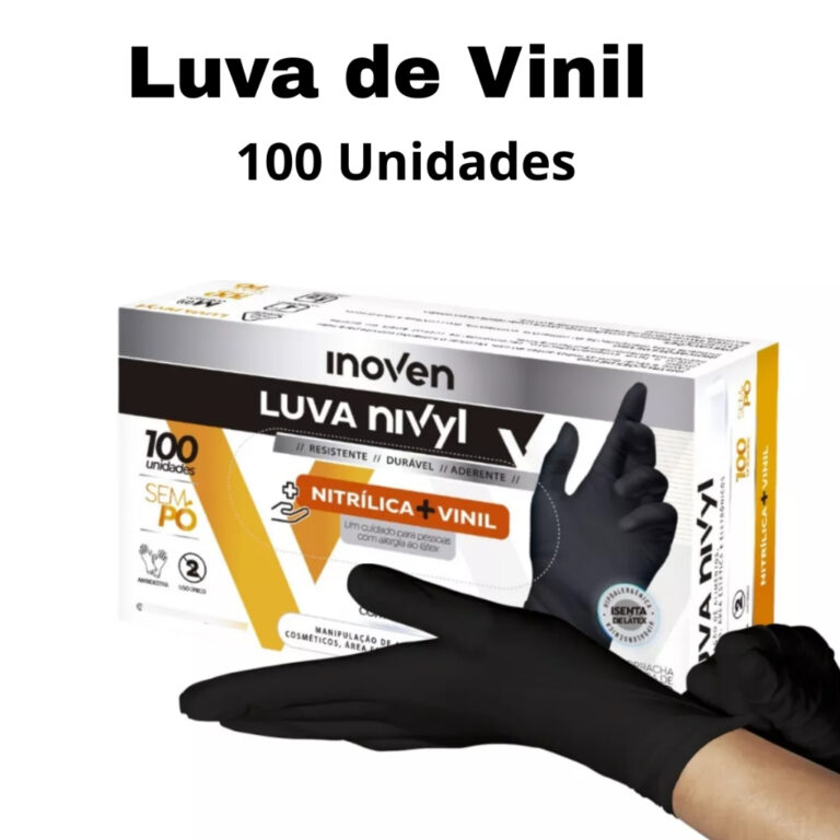 Luva Vinil Preta com 100 Unidades para uso Profiss