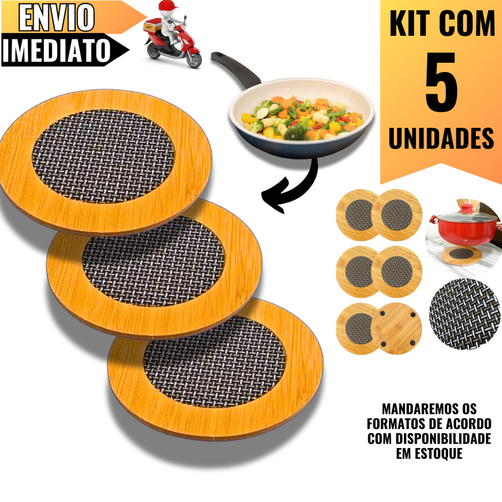 Kit de 05 Descansos de Panela de Madeira Natural  Resistente ao Calor, Ideal para Cozinha e Eventos