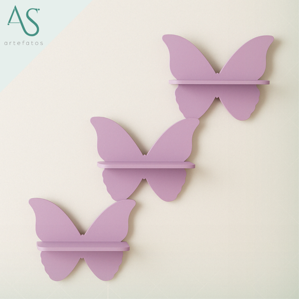 Kit Prateleiras Modelo Borboleta Em MDF Resistente Decoração Jardim Encantado