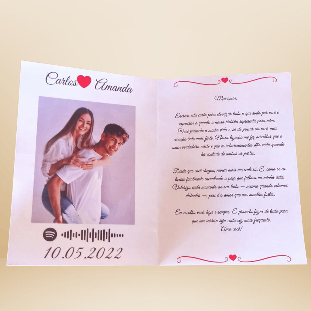 Carta de Amor Personalizado –  Nome, Data, Música, Foto e Texto Especial no Papel Glossy 230g