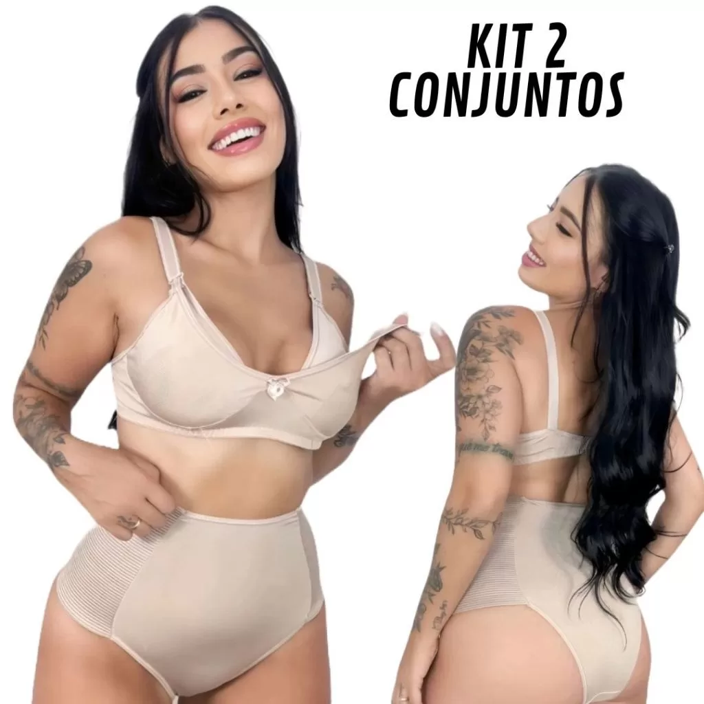 kit 2 Sutiã para Amamentação + Calcinha cós alto Pós-Parto modeladora forro 100% algodão click fácil
