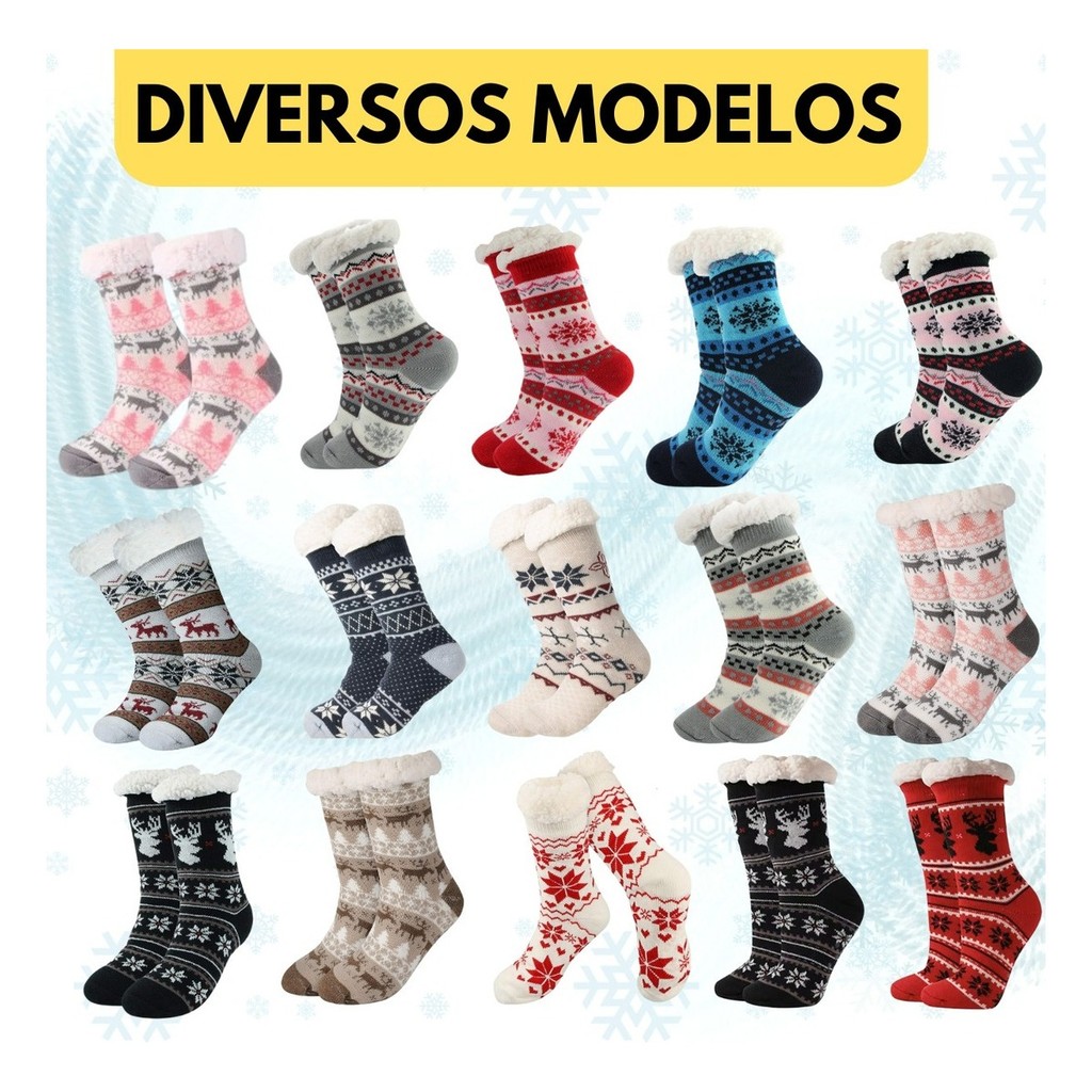 1 Par Meia De Lã Peruana Térmica Forrada Adulto Antiderrapante