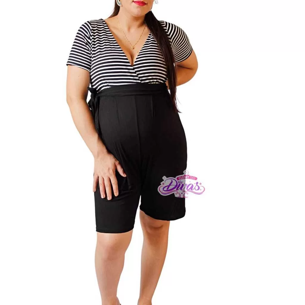 Macaquinho Gestante Busto Listrado com Manguinha