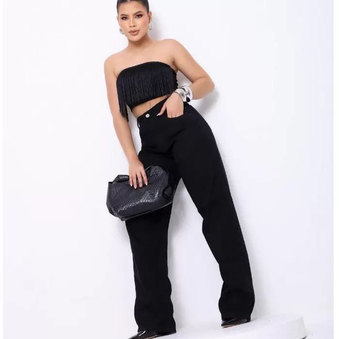 Calça Jeans Feminina Wide Leg Pantalona Preta