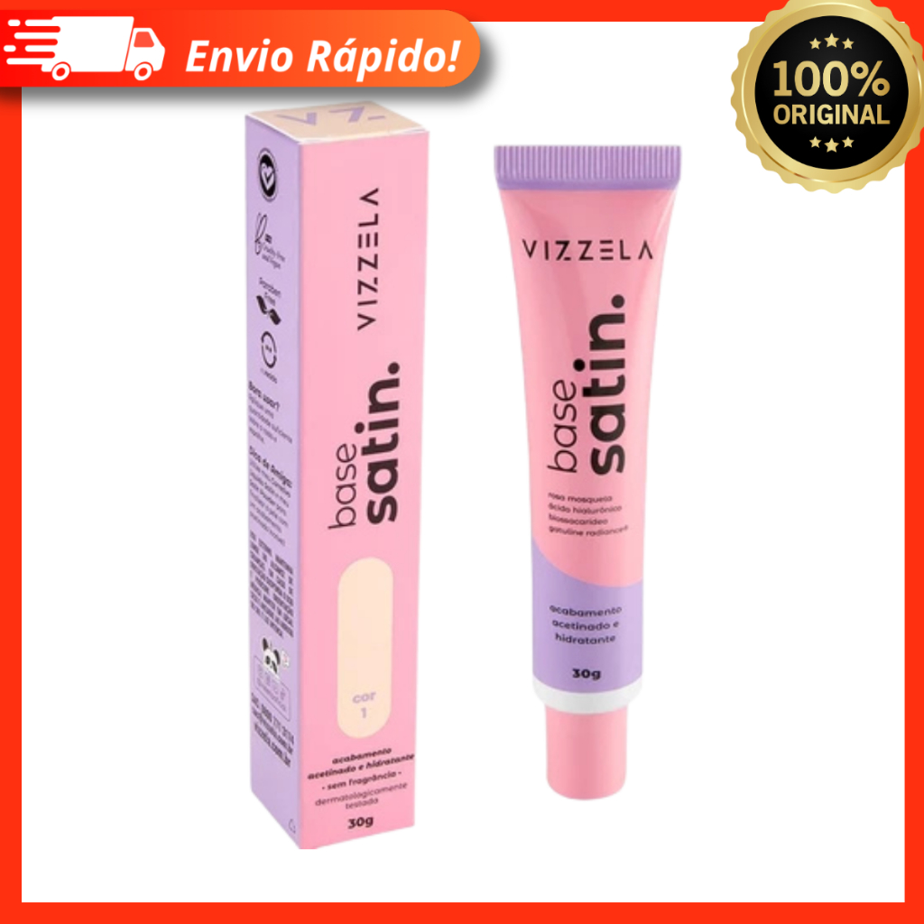 Base Líquida Satin 30g Vizzela Linha Vegana Acabamento Acetinado e Hidratante Fix Natural