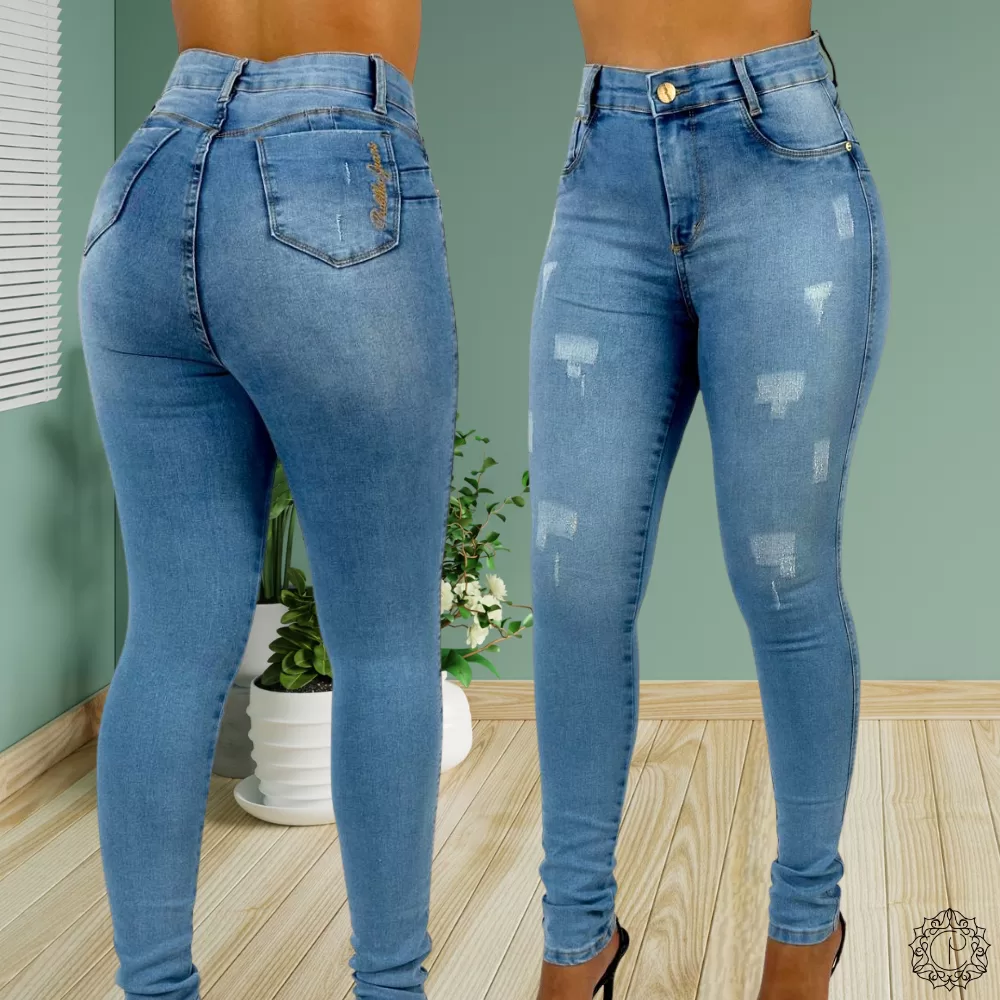 Calça Jeans Skinny Clara Puido Elastano Cintura Alta Efeito Levanta Bumbum
