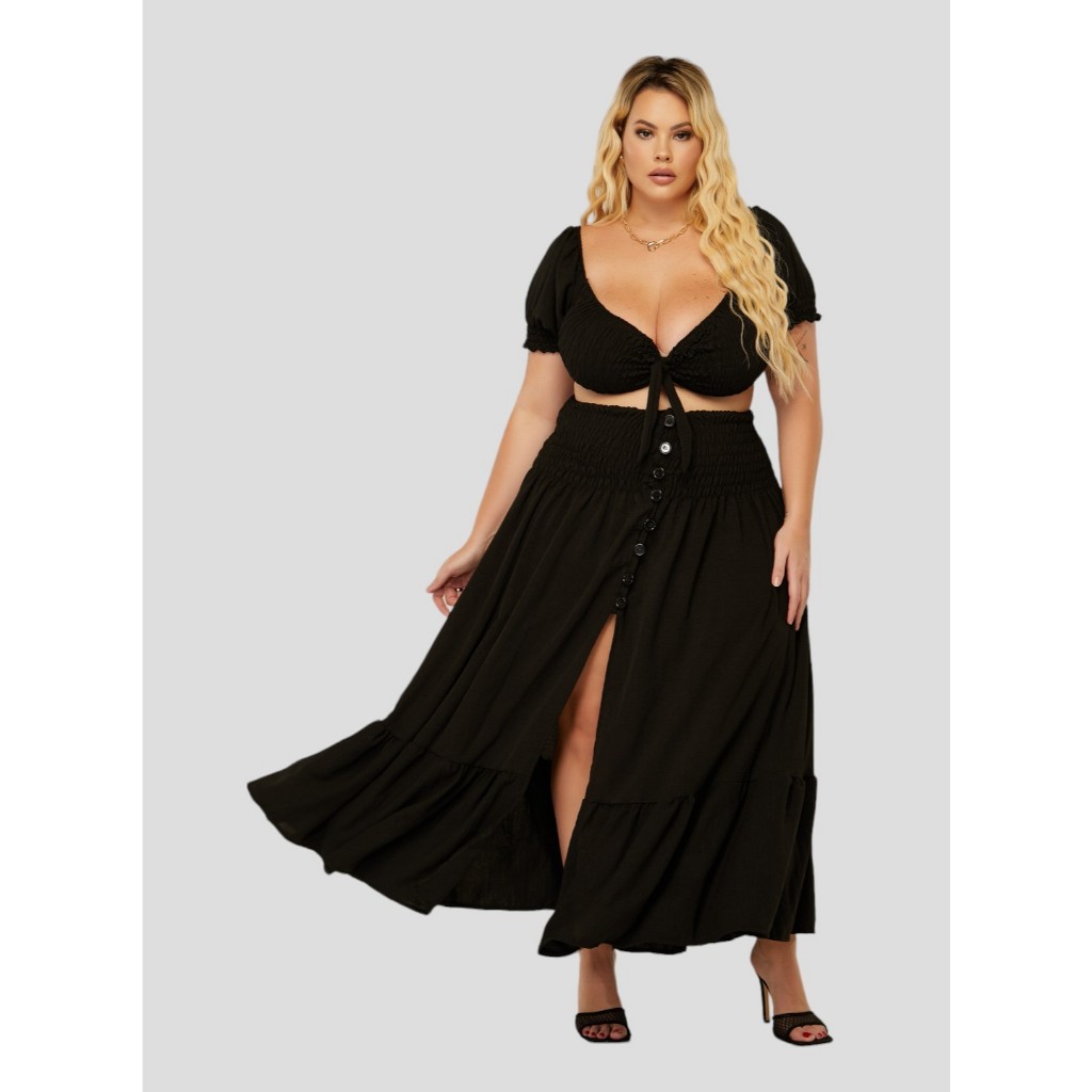 Saída De Praia Saia Cropped + saia Plus Size Com Fenda Moda Verão passeio férias praia mar