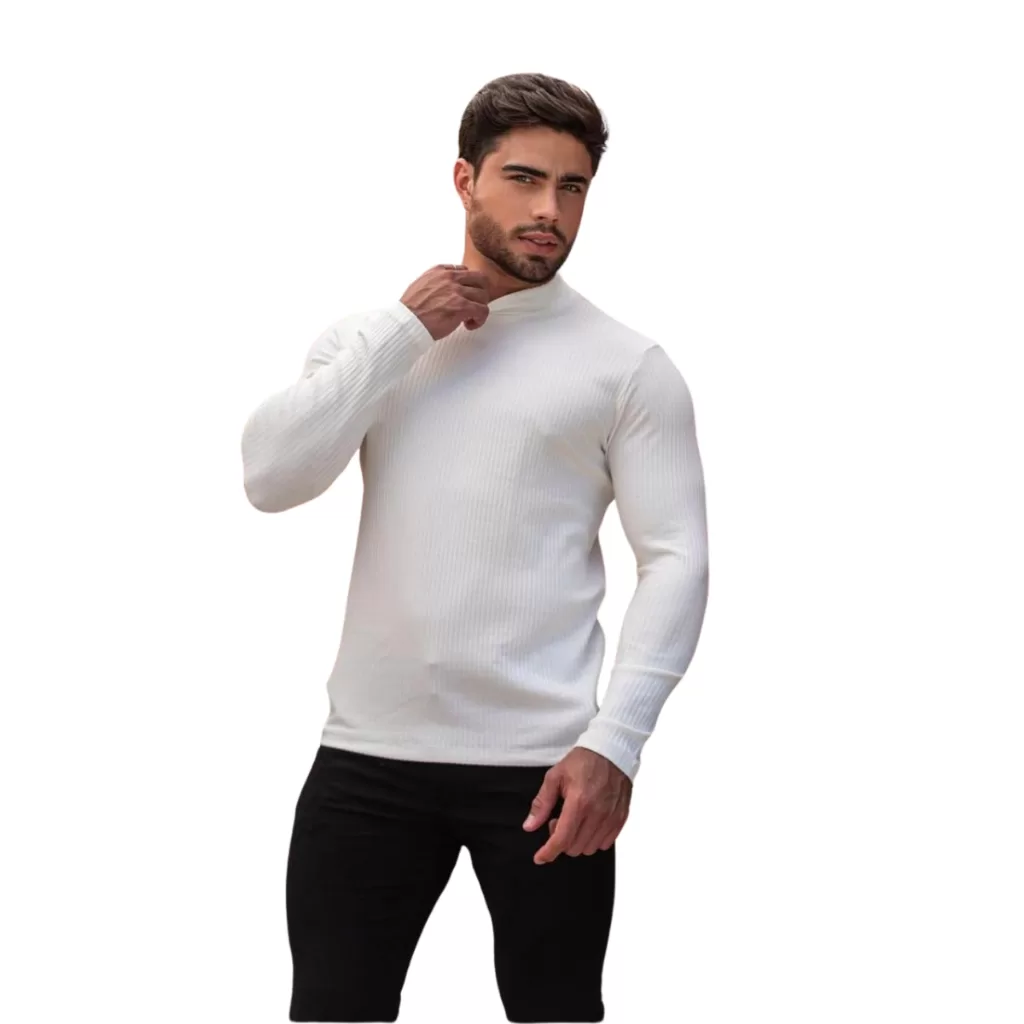Blusa Cacharrel Masculina Manga Longa Gola Alta Malha Ribana Canelada Frio Inverno