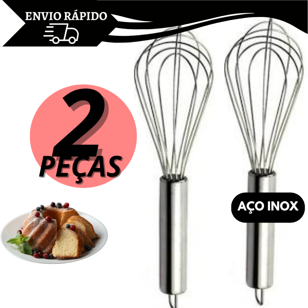 Batedor Fouet Inox Profissional 30 cm Fue Creme Clara Bolo Massa 2 unidades