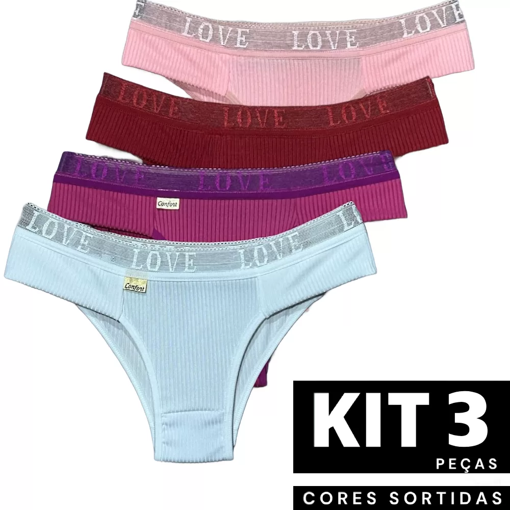 Kit 3 Calcinha Básica Canelada Tanga Com Pala Love Lingerie Feminina Moda íntima Dia a Dia Barata