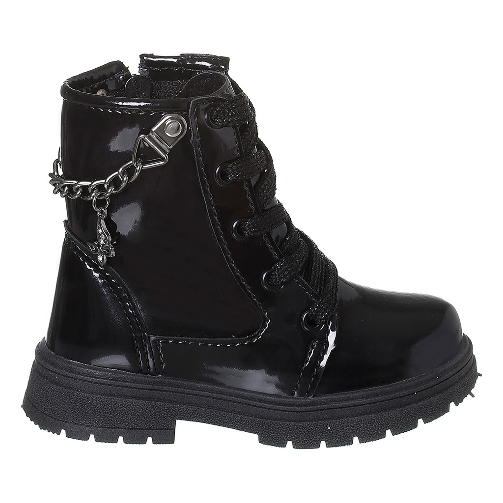 Bota Infantil Meninas Coturno Corrente Pingente Borboleta Preto Verniz Original Confortável
