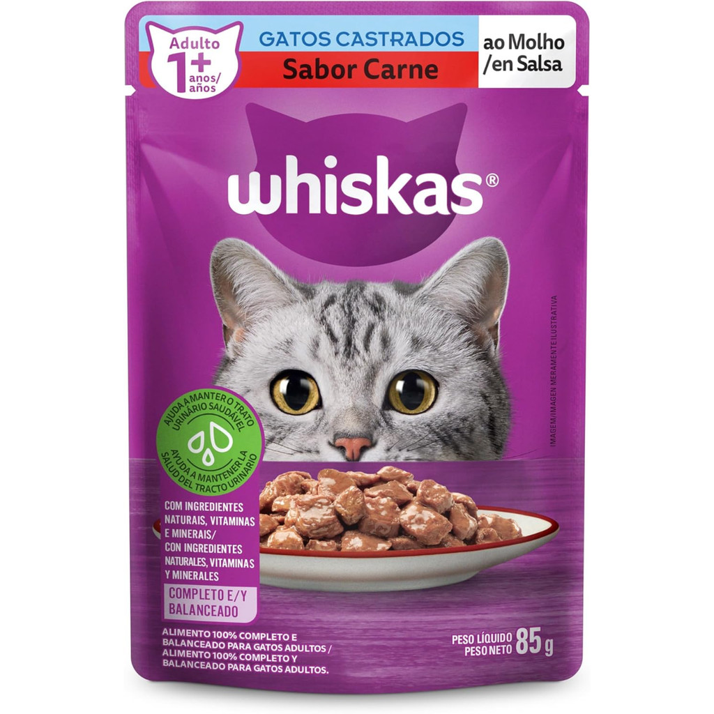 Sachê Whiskas Ração Úmida Carne para Gatos Castrados Adultos 85g
