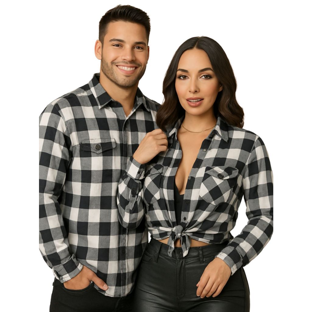Conjunto Camisa Xadrez Preto e Branco  Masculina e Feminina