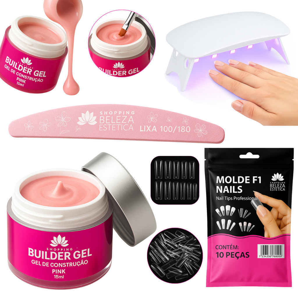 Kit Unhas de Gel Completo Construtor Unhas Profissional  Molde F1 + Lixa + Mini Cabine UV/LED  Nail