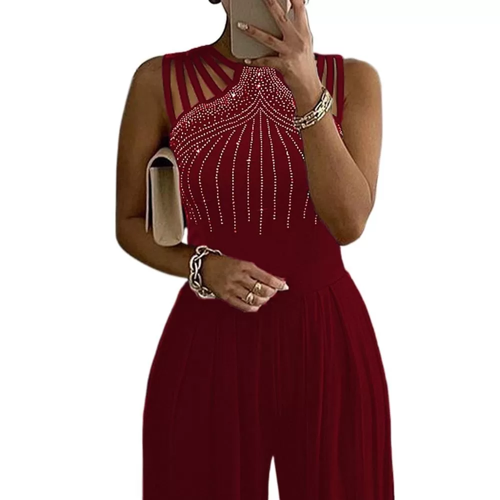 Macacão Feminino De Sexy Strass Sheer Malha Sem Mangas Senhoras Elegante Sólido