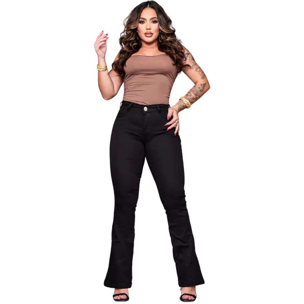 Calça Flare Feminina Jeans Com Elastano Cintura Alta Empina Bumbum com Lycra Boca de Sino Preta