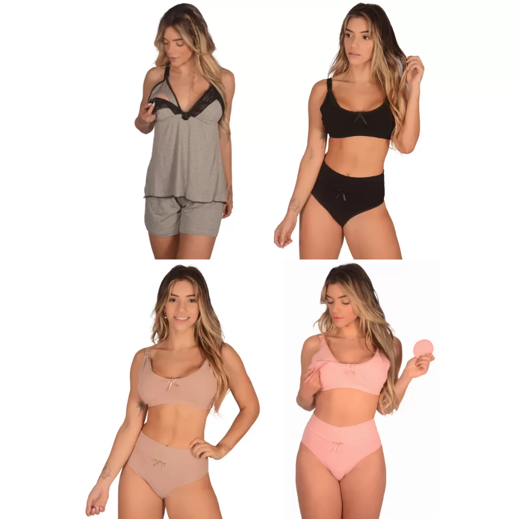 Kit 1 Baby Doll + 3 Conjuntos (Sutiã de Amamentação + Calcinha Pós Parto) – Sutian sem Bojo Algodão