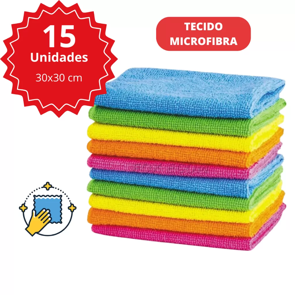 Kit 15 Pano Microfibra Limpeza 30x30cm Super Absorvente Multiuso