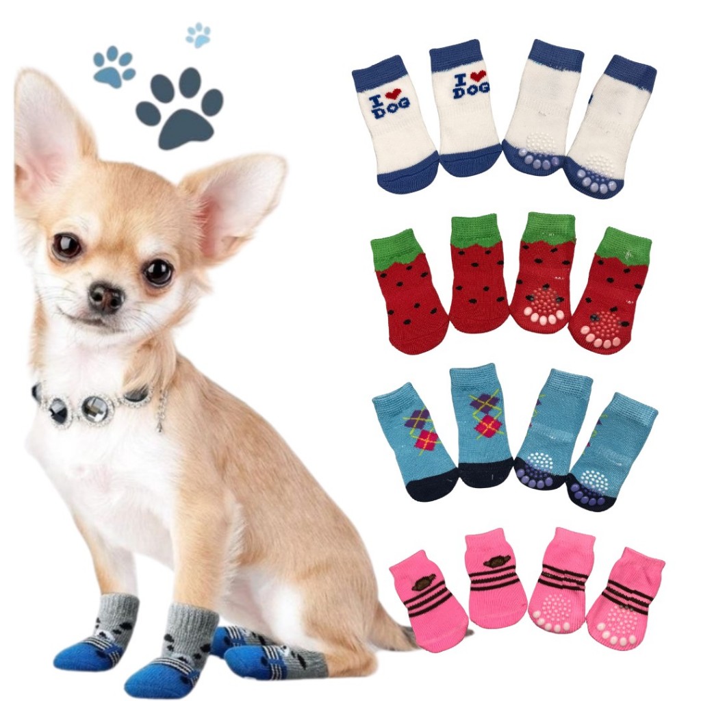 Kit 4 Meias Sapatinho Pet Antiderrapante Algodão Para Cachorro Gato Pequeno Porte LR-0305
