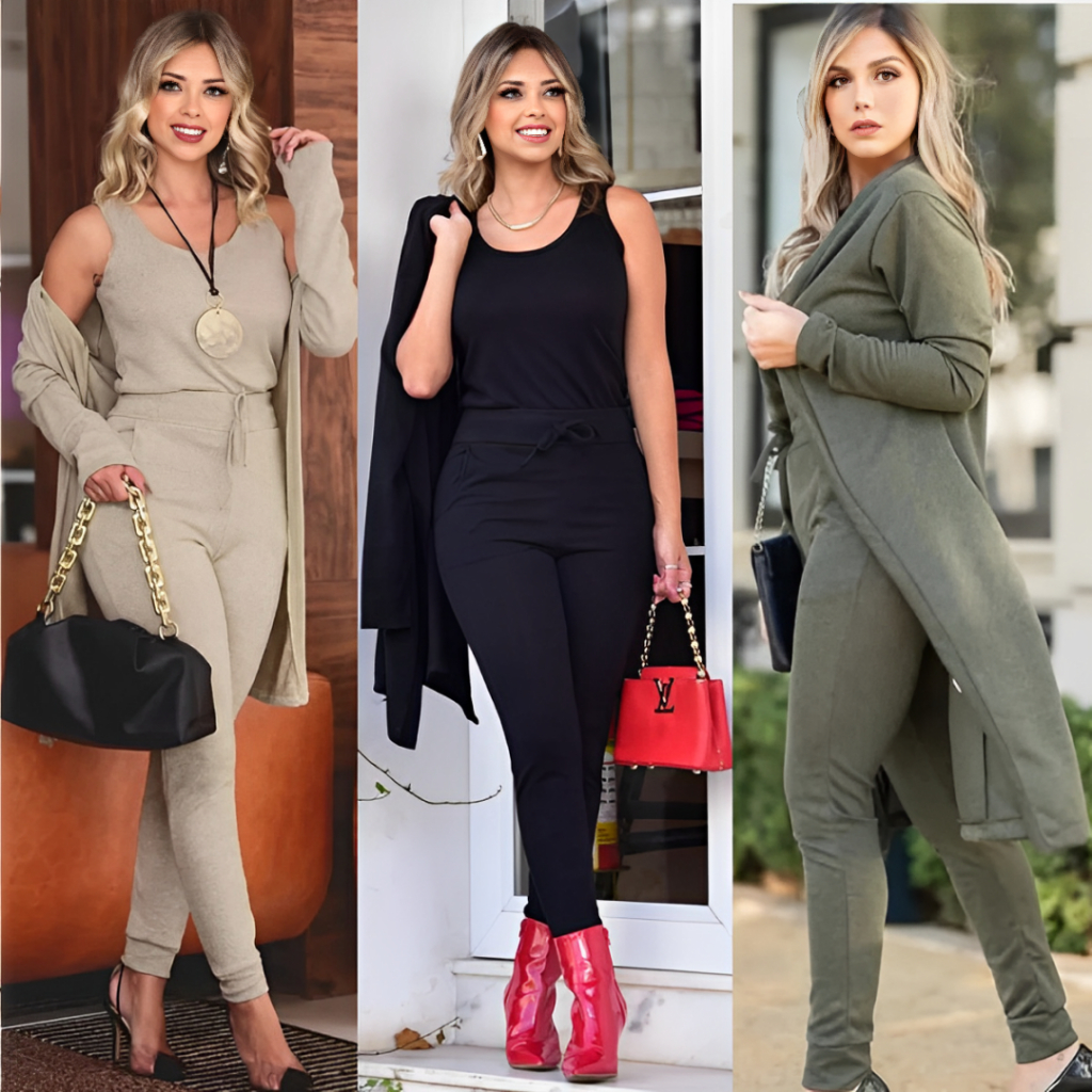 Conjunto 3 Peças Lanzinha regata quimono Com Calça + Camiseta Elegante