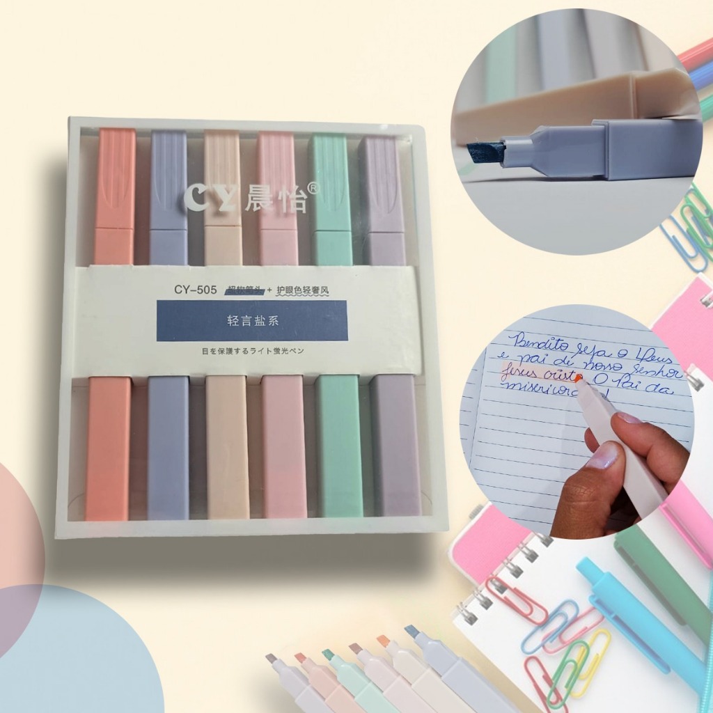 Conjunto Caneta Marca Texto Quarado 6 Cores Tons Pastéis Não Trandfere na Folha Ideal Para Bíblia