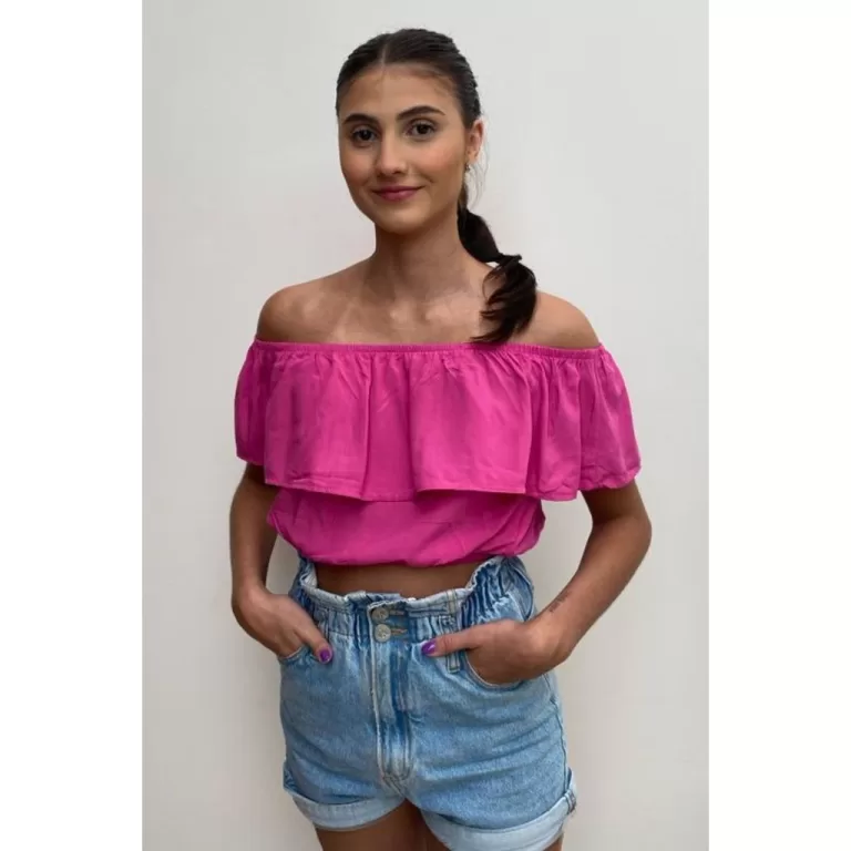 Blusa Cropped Ciganinha em Viscose Rosa