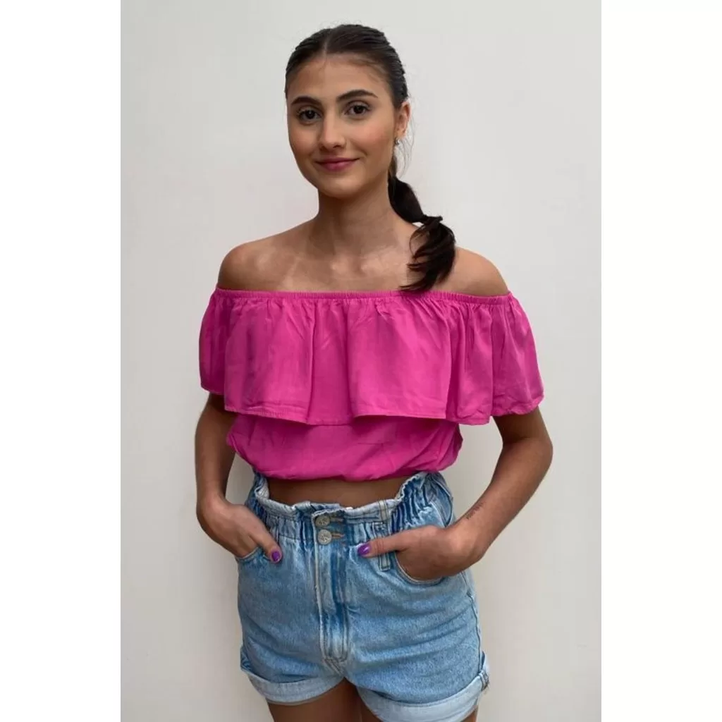 Blusa Cropped Ciganinha em Viscose Rosa