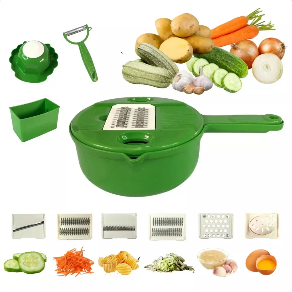 RALADOR DECASCADOR CORTADOR FATIADOR DE LEGUMES VEGETAIS FRUTAS ALIMENTOS MULTIFUNCIONAL KIT 12 EM 1