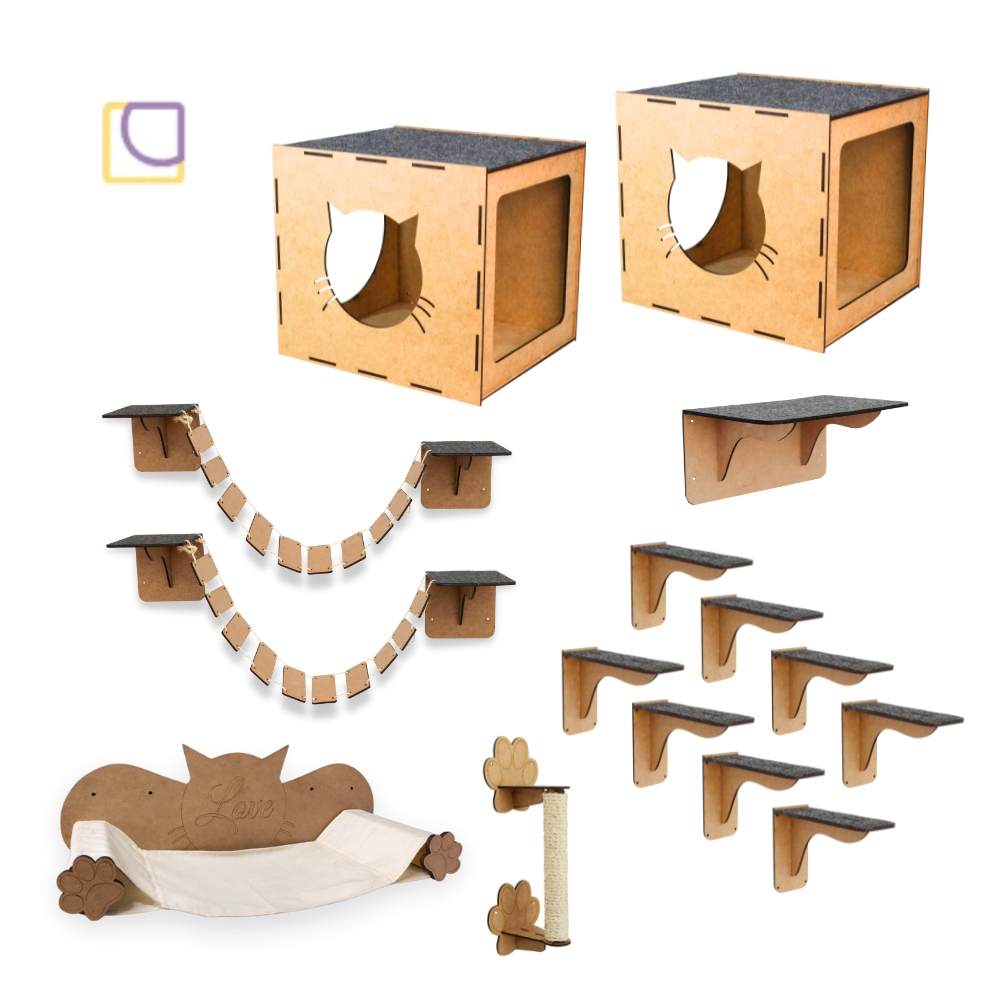 Circuito para Gatos de Parede Kit com 15 peças Ponte Degraus Playground Gato Rede Arranhador Mdf