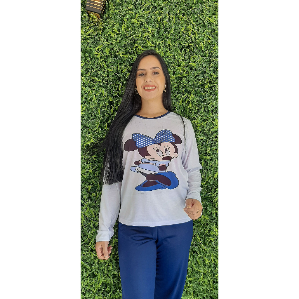 Pijama Feminino Adulto Minnie Inverno Manga Longa De Frio