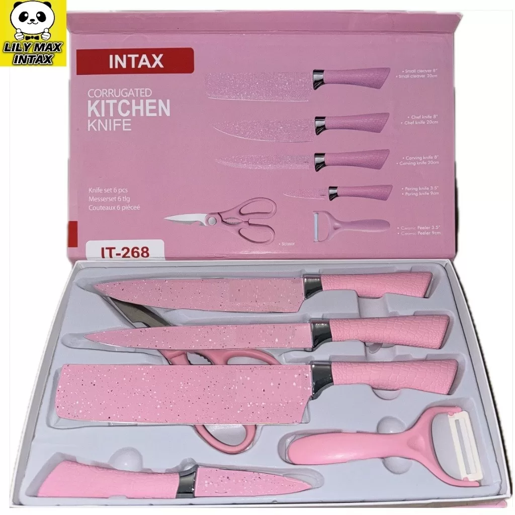 Jogo De Facas Inox Descascador E Tesoura 6 Peças Rosa