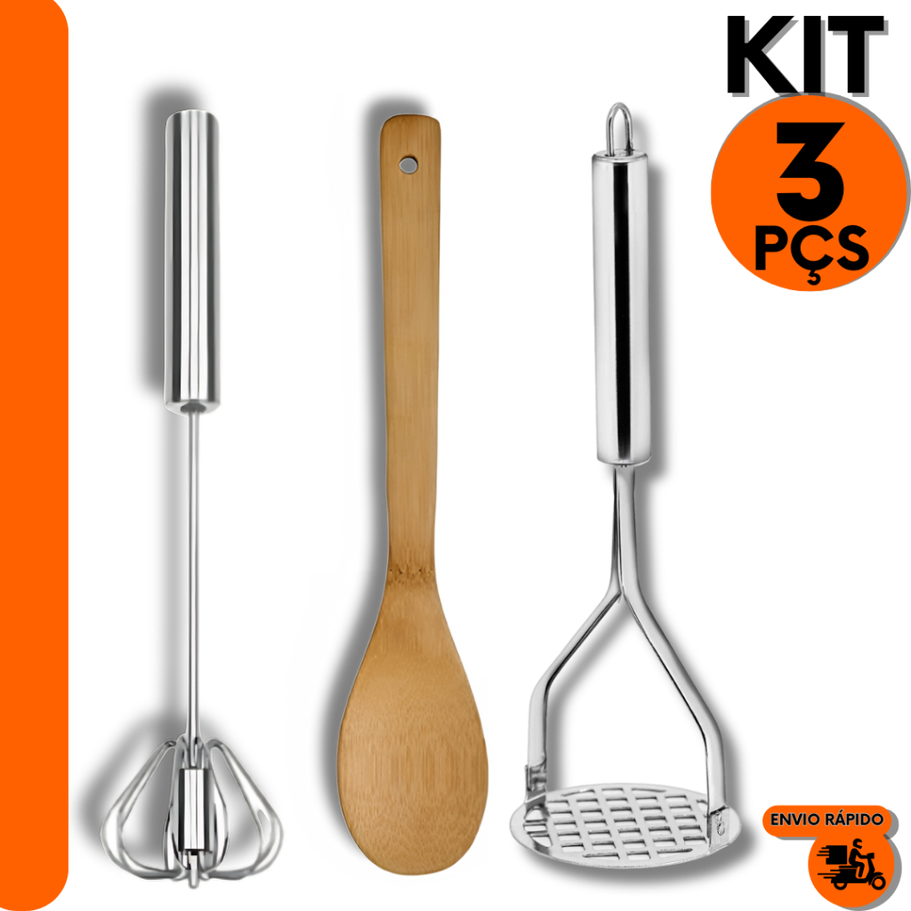 Kit 3 Peças ;  Amassador de Batatas e Feijão, Mixer e Colher de Bamboo