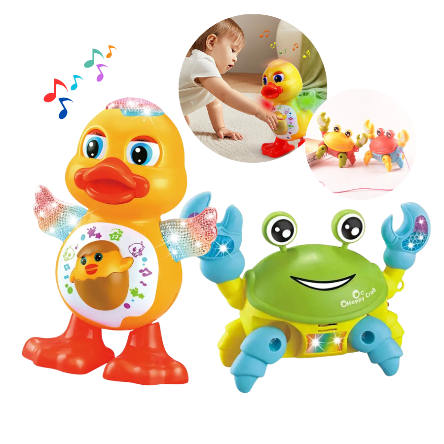 Kit Caranguejo Pato Pro Fujão Patinho Dançarino Brinquedo Musical Dança Anda com Luz Som Sensor