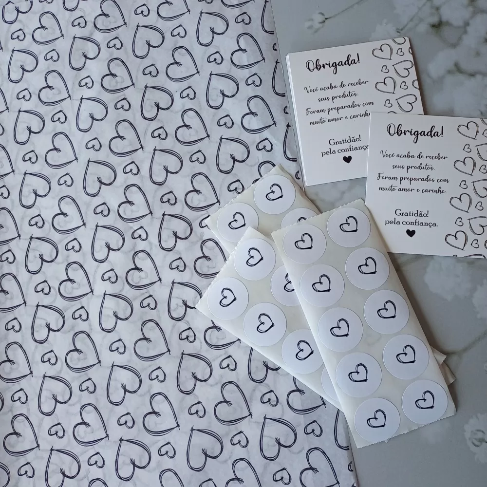 Kit Embalagem – 50 Papel Seda + 50 Lacre + 50 Carta de Agradecimento + Perfume