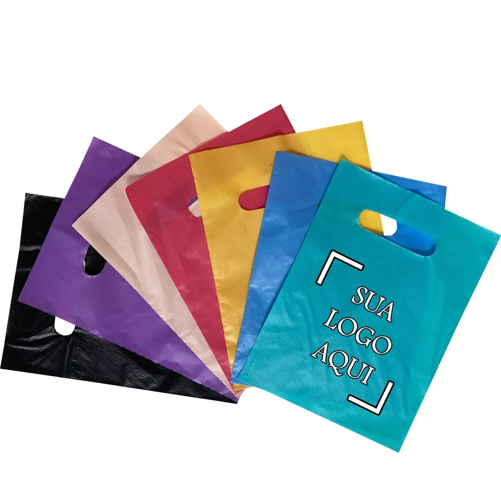 100 sacolas plásticas personalizadas – Alça vazada / Boca de Palhaço – 16×22