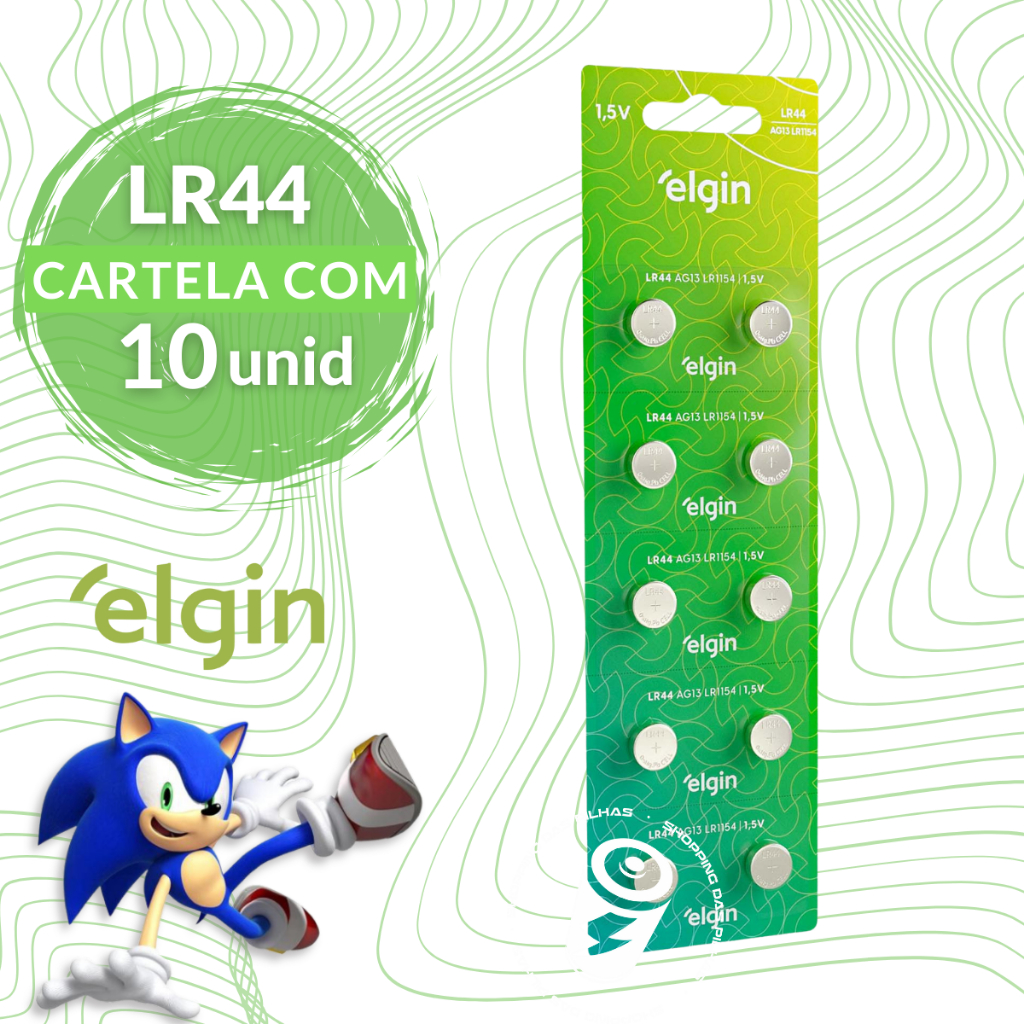 Baterias Alcalinas LR44 AG13 L1154 Elgin Moeda Botão Relógio – Cartela com 10 Unidades