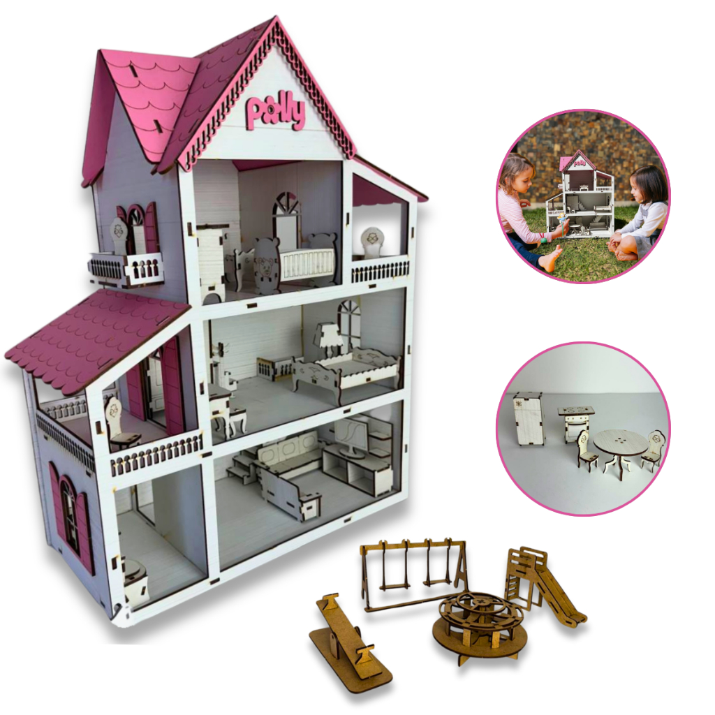 Casa de Boneca com Moveis e Parquinho Miniatura Casinha Brinquedo Kids Infantil mdf acabamento