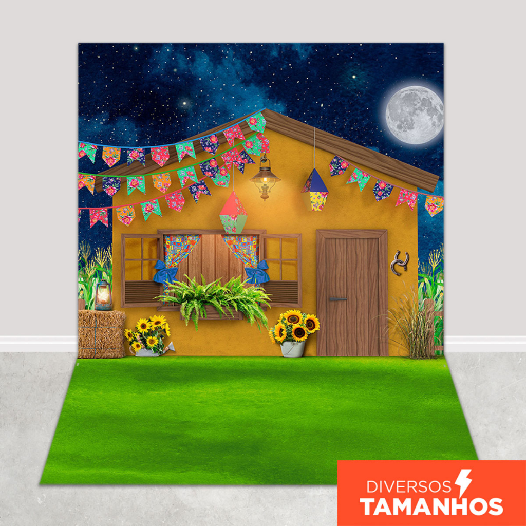 Fundo Fotográfico Festa Junina Casa Amarela Em Tecido FJN-121