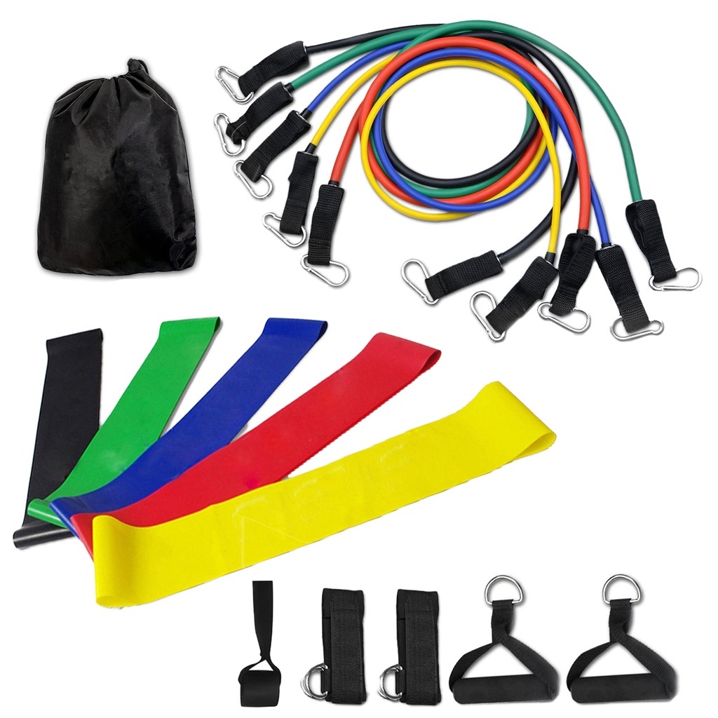 Kit 11 Extensor Elástico Treino Em Casa + Kit 5 Mini Band Para Exercícios Multifuncional Yoga Fisiot