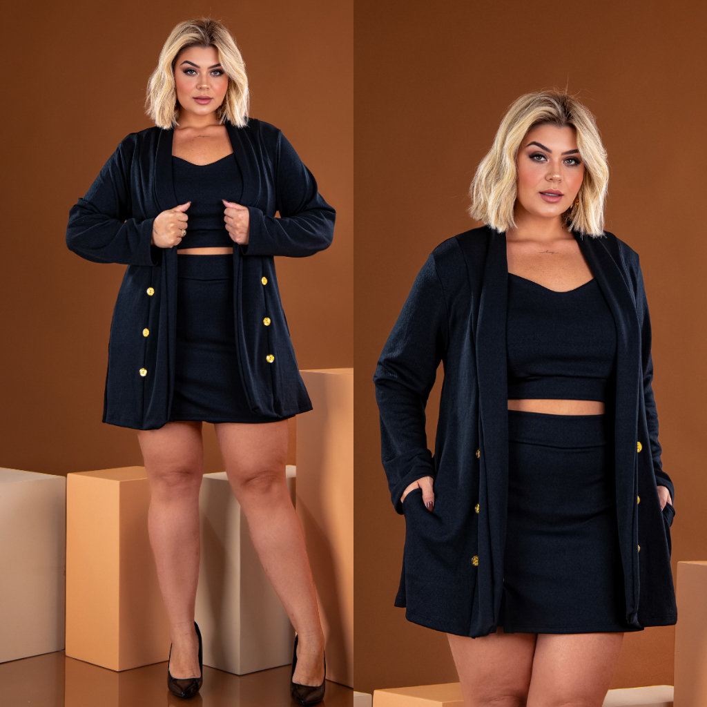 Conjunto Plus Size Inverno Feminino 3 Peças Short Saia Cropped e Max Blazer