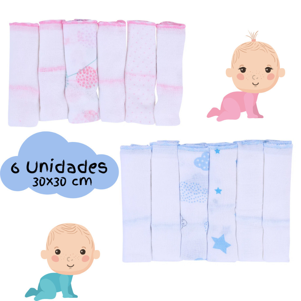 Pano de Boca Kit 6 Unidades Paninho Fralda de Bebe 100% Algodão 30cmx30cm