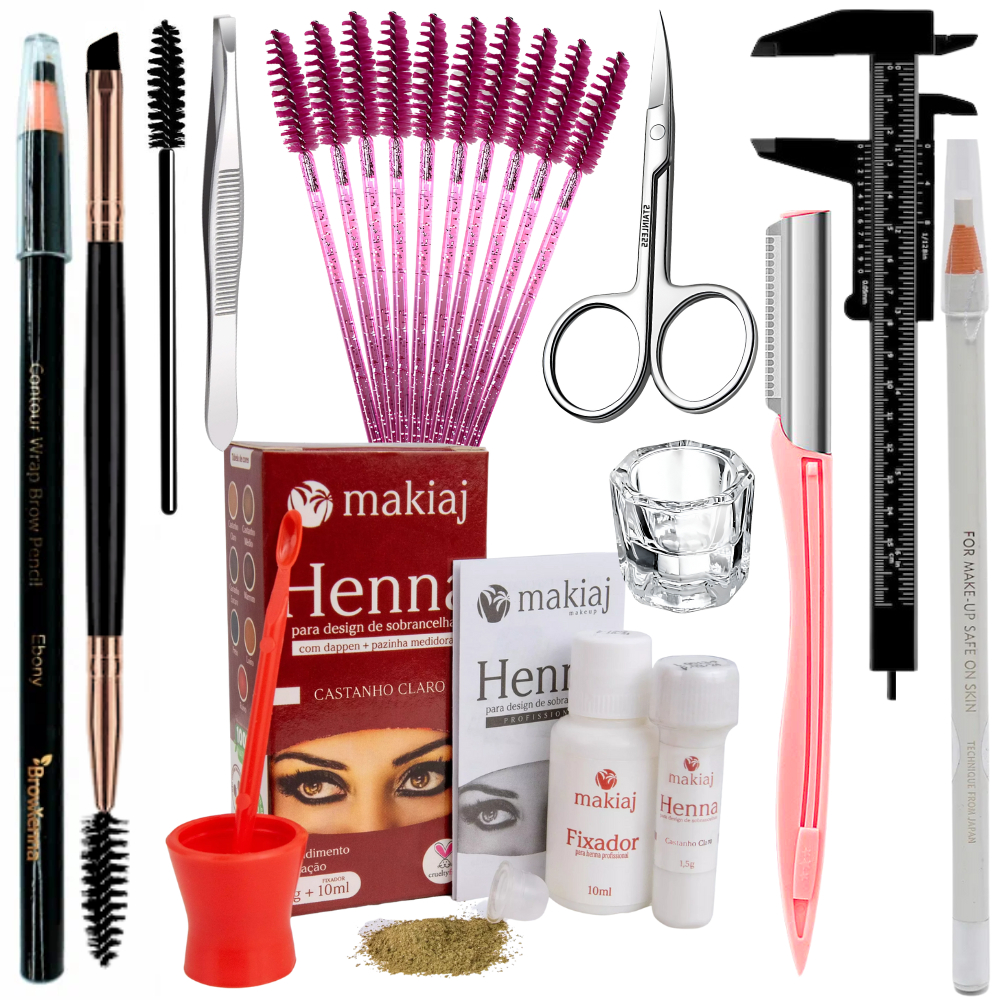 Kit Sobrancelha Profissional Henna Makiaj Paquimetro Pincel Dappen Lápis Dermatografico Escovinha
