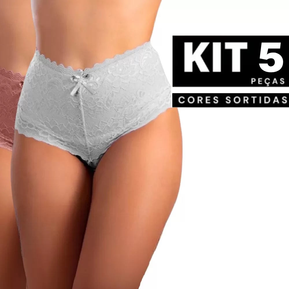 Kit 1 à 5 Calcinha Cintura Alta Cinta Em Renda Algodão Conforto Sensual Cós Alto Sensual Barato