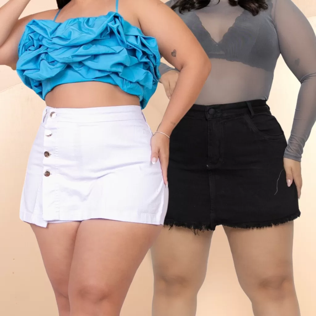 Short Saia Plus Size Estiloso Branco e Preto Arrumado Kit 2 Unidades