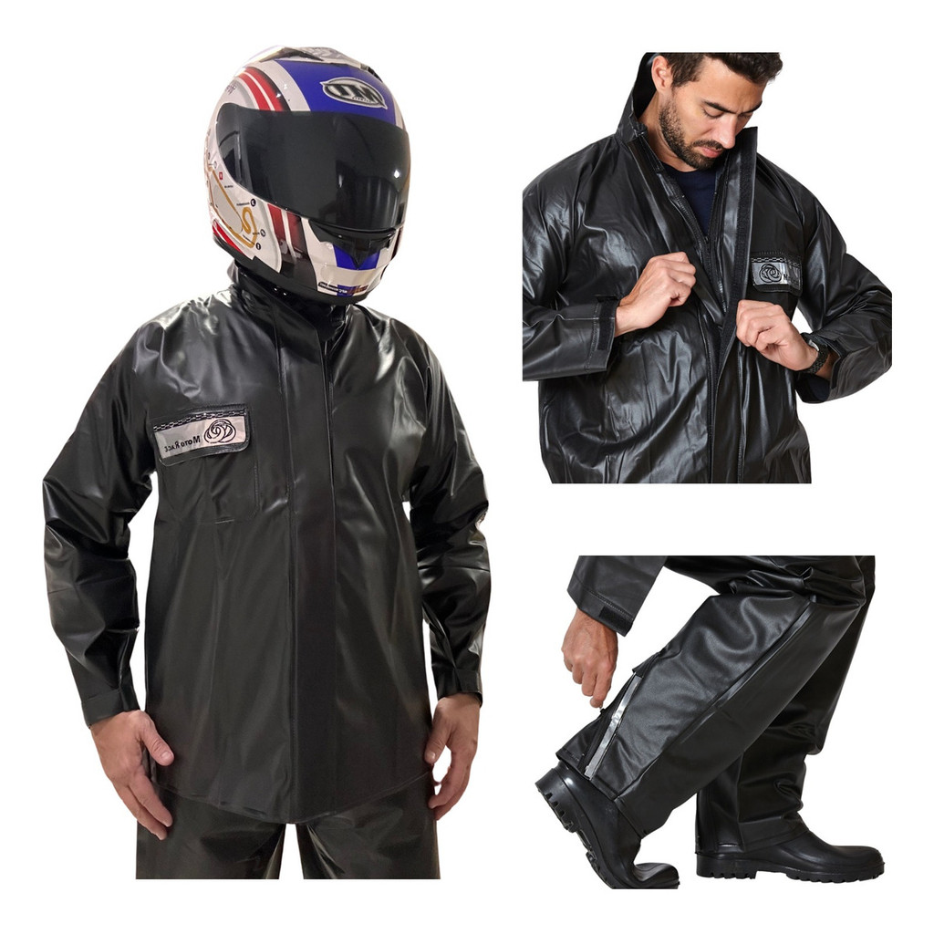 Conjunto Capa Chuva Moto Emborrachada Impermeável Com Gola Flex